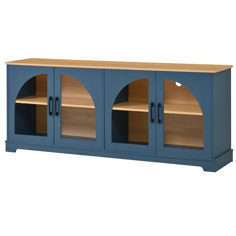 Farmhouse TV Stand for TVs up to 70" with Semi-Arched Glass Doors, Two-Tone Media Console with Adjustable Shelves