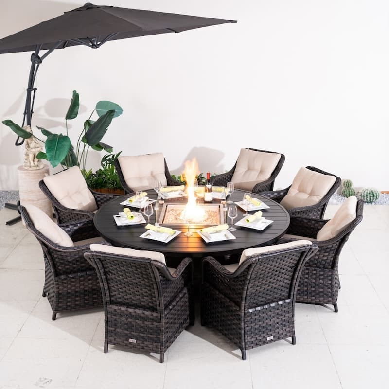 Modern 9-piece Aluminum Round Fire Pit Table Set with 8 Chairs for Patio