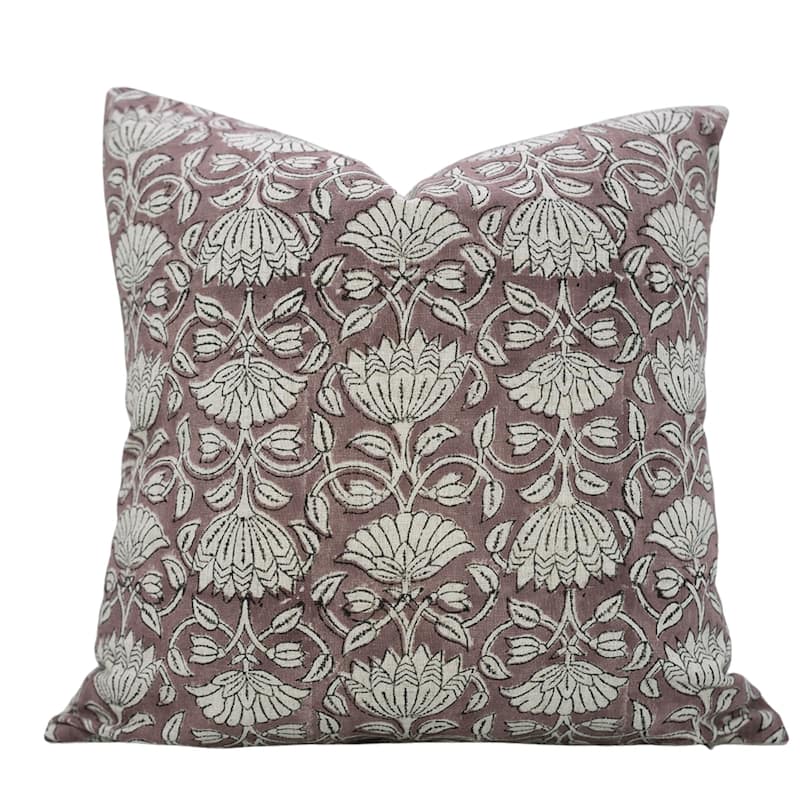 Fabdivine Decorative Floral Pillowcase Handmade Linen Block Print Accent for Sofa Kids Bed Rust Spring Décor, Sadabahar - Ulta Kamal- Purple - 24" x 24"