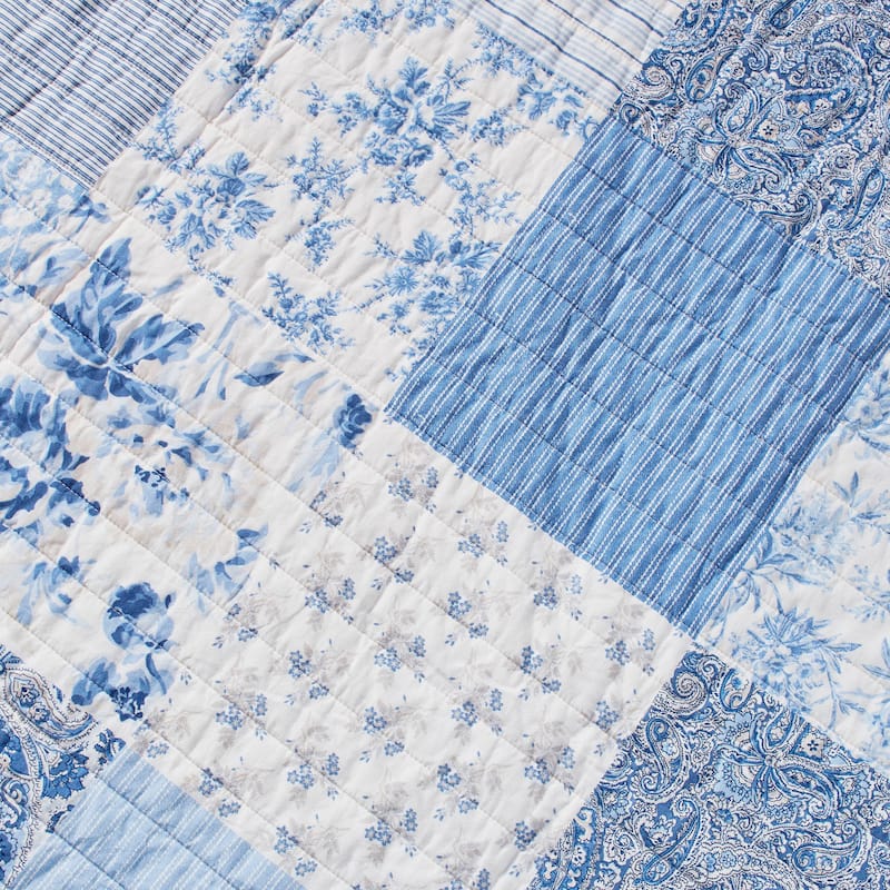 Laura Ashley Paisley Patchwork Cotton Reversible Blue Quilt Set