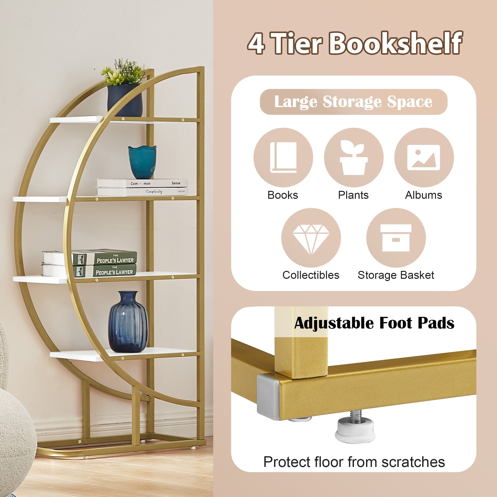 4-Tier Home Office Open Bookshelf with a Versatile Round