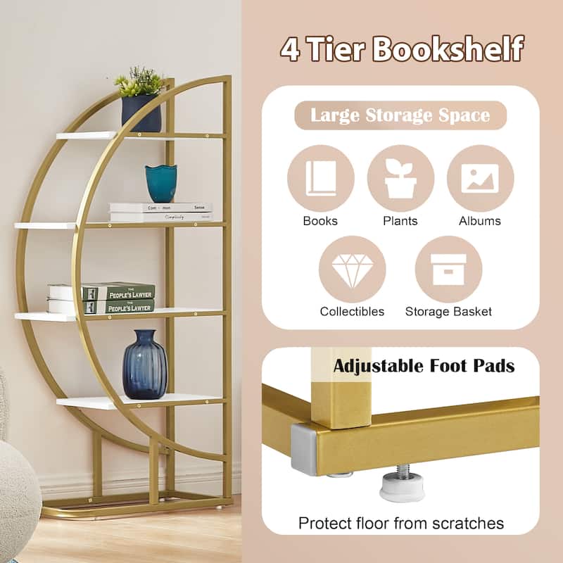 Roomfitters 4-Tier Round Bookshelf for Home Office, Open Shelf with Gold Frame and MDF Board, Multiple Placements, Golden+White