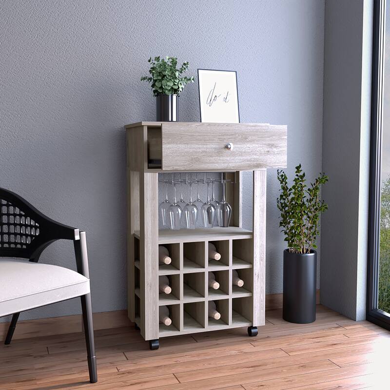 Memphis Bar cart, Twelve Built-in Wine Rack, Four Legs, One Open Shelf -Light Gray