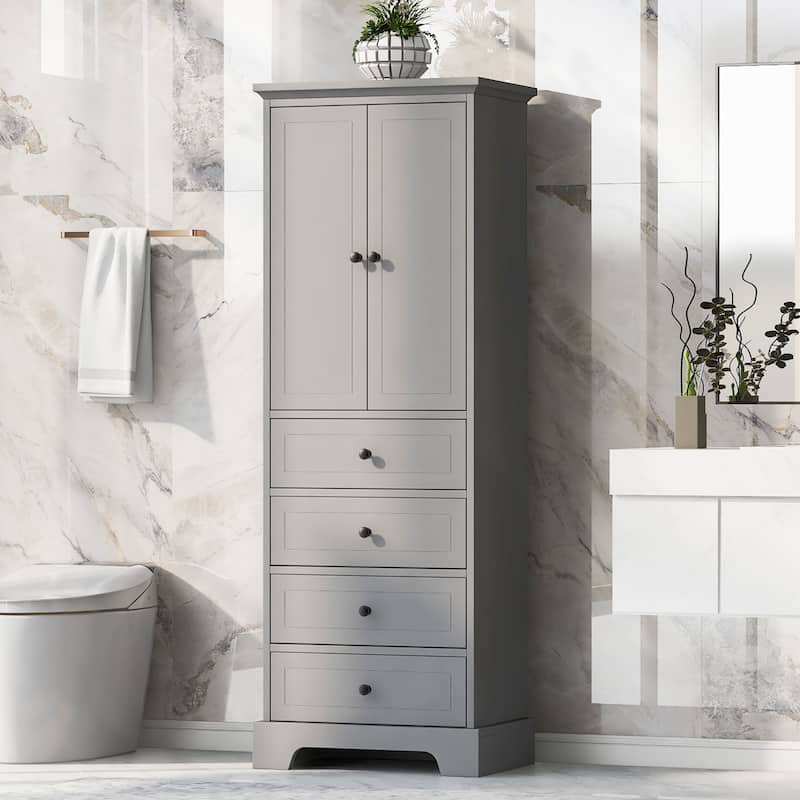 Modern Storage Cabinet, Bathroom Cabinet w/ 4 Drawers Adjustable Shelves Double Door Bathroom Lockers Space-Saving Cabinet - Grey