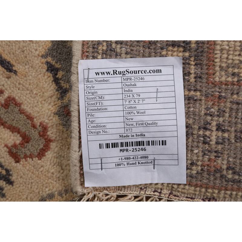 All-Over Beige Oushak Oriental Runner Rug Handmade Wool Carpet - 2'7" x 7'8"