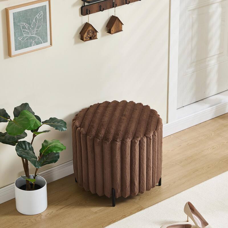 22.05" Wide Upholstered Round Pouf Ottoman Foot Rest with Black Metal Legs - Brown