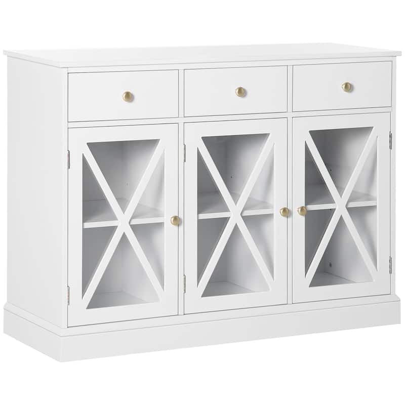 45" Farmhouse Sideboard Buffet Cabinet, Credenza,Coffee Bar Cabinet with Glass Doors and 3 Drawers, White