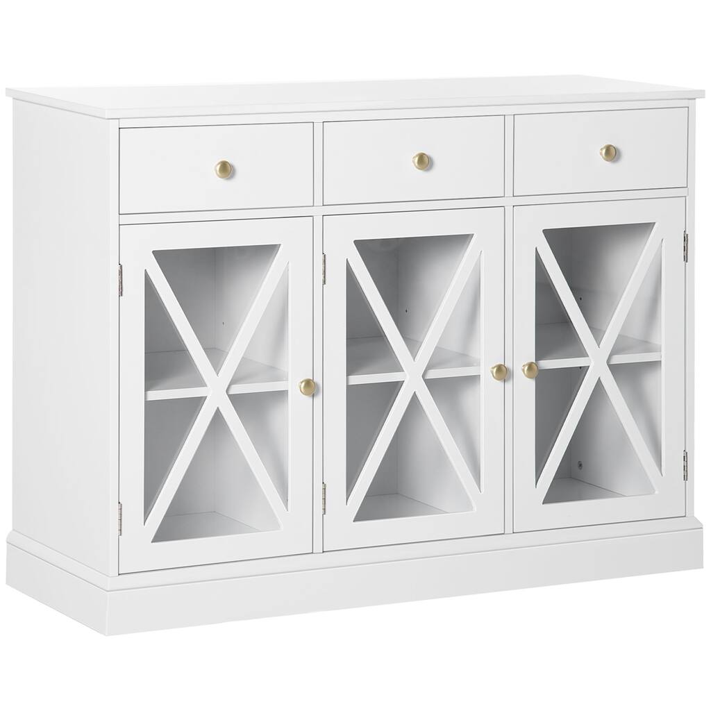 45" Farmhouse Sideboard Buffet Cabinet, Credenza,Coffee Bar Cabinet with Glass Doors and 3 Drawers, White