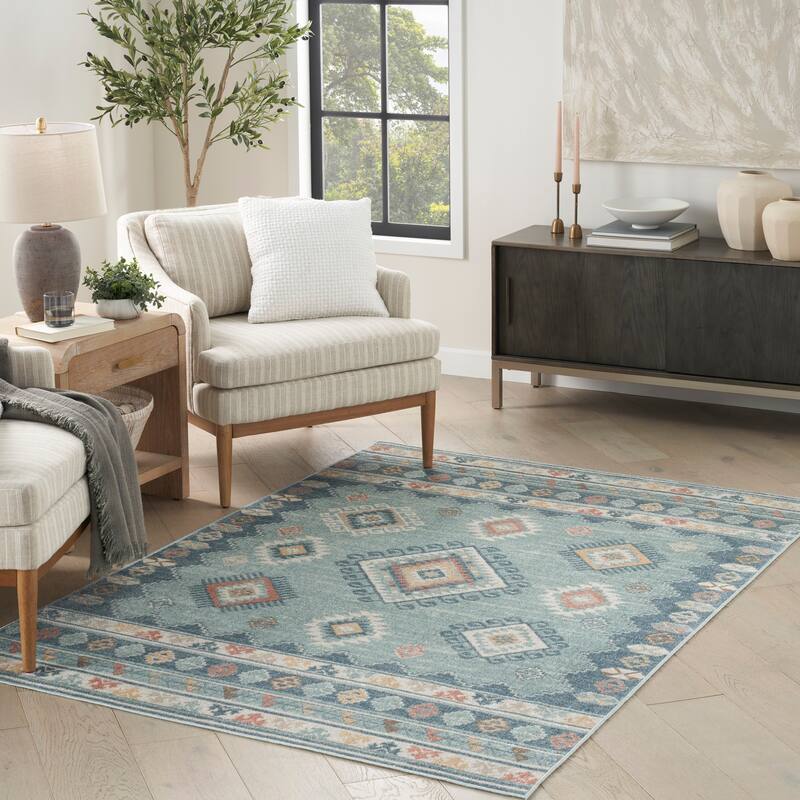 Nourison Washable Beauty Machine Washable Indoor only Blue Geometric Area Rug