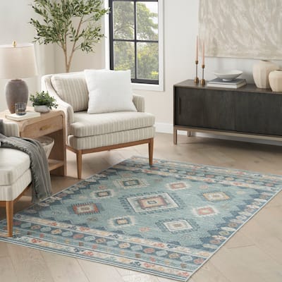 Nourison Washable Beauty Machine Washable Indoor only Blue Geometric Area Rug