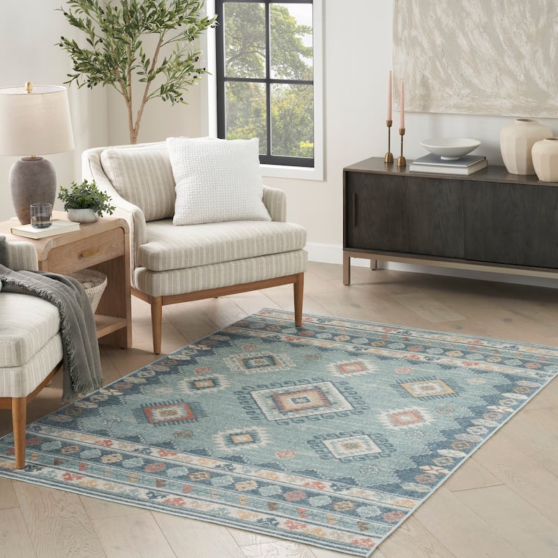 Nourison Washable Beauty Machine Washable Indoor only Blue Geometric Area Rug - 5' 3" x 7' - Blue - Rectangle