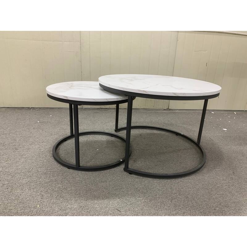 Round Nesting Coffee Table Set of 2 with Marble Pattern Top & Metal Frame