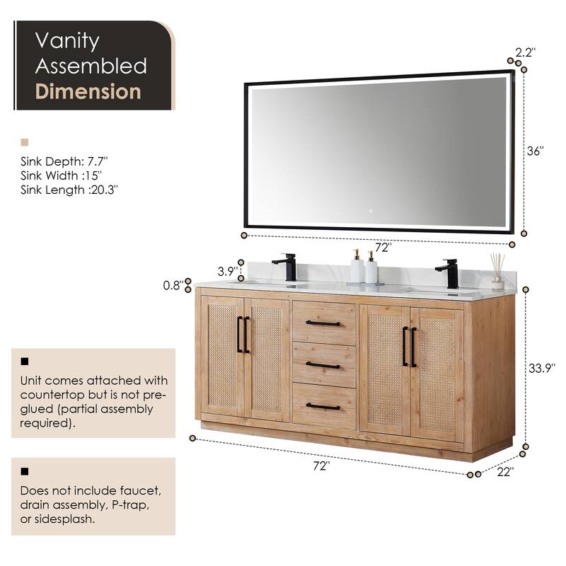 Floral Single Bathroom Vanity in Light Brown with Calacatta White Quartz Countertop with Mirror
