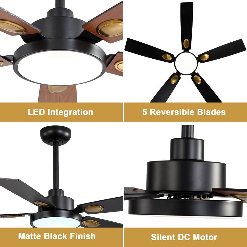 Cusp Barn 52" Black Modern Ceiling Fan with Lights and Remote, Farmhouse Indoor 5-Blade Quiet DC Motor Ceiling Fan for Bedroom