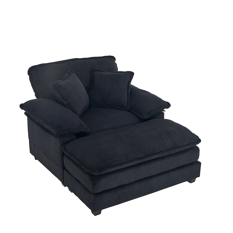 56.3 Inch Corduroy Single Deep Seat Sofa Chair With 2 Toss Pillows and a Ottoman
