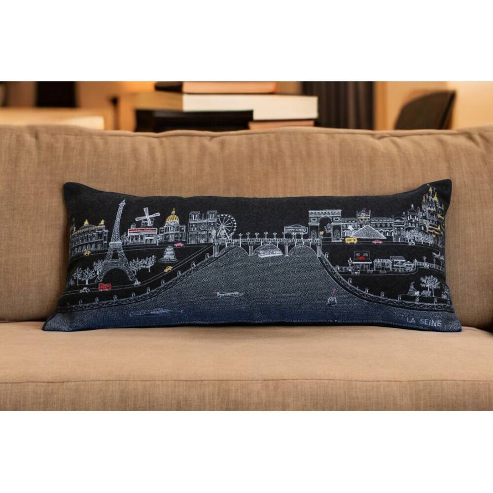 HomeRoots 35" Black Paris Nighttime Skyline Standard Lumbar Decorative Pillow