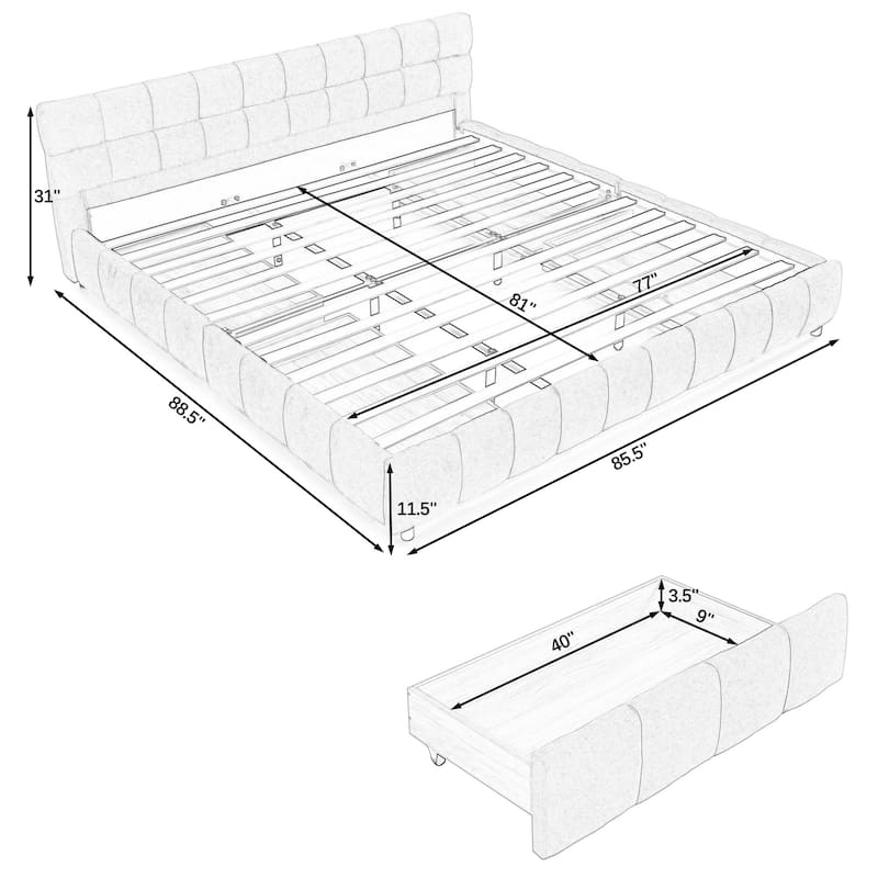 Block Thick Chenille Low Profile Platform Bed Fabric Upholstered Bedframe with Headboard Solid Wood Frame - Optional Storage Bed