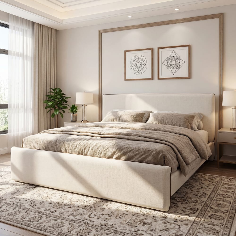 Christopher Knight Home - Upholstered Platform Bed in Linen Blend Fabric with Thick Padded Headboard and Wood Slat Support