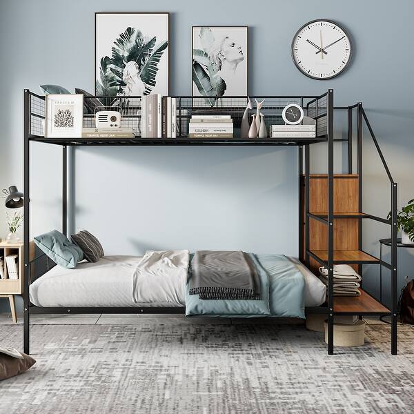 slide 2 of 10, Black Twin over Full Size Metal Bunk Bed with Wire Shelving and Lateral Storage Ladder and Wardrobe Black