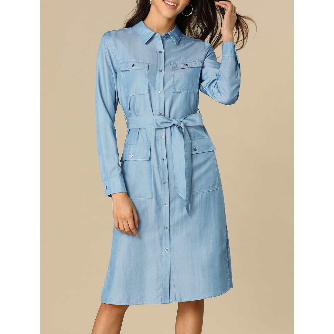 women's belted midi shirt dress with pocket