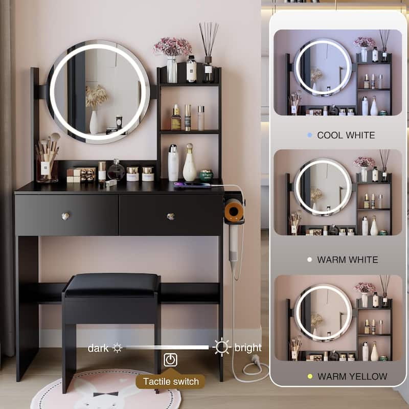 17"Round LED Mirror Vanity Table+Cushioned Stool,With 2 AC+2 USB Power Socket,Touch Switch,3 Colors,Multi-layer Capacity Storage