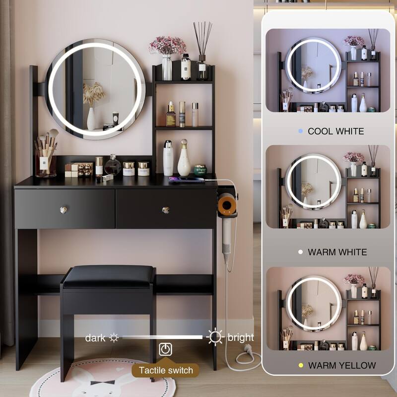 Vanity Desk with Adjustable LED Lighted Mirror, Makeup Vanity Table Set, Dresser Table with Power Outlet, Shelves & Drawers