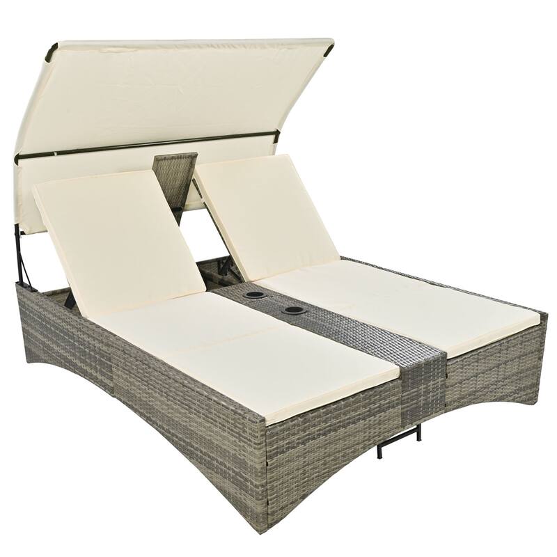 Outdoor Patio Rattan Daybed Sunbed with Canopy and Adjustable Backrest, Storage Box and 2 Cup Holders