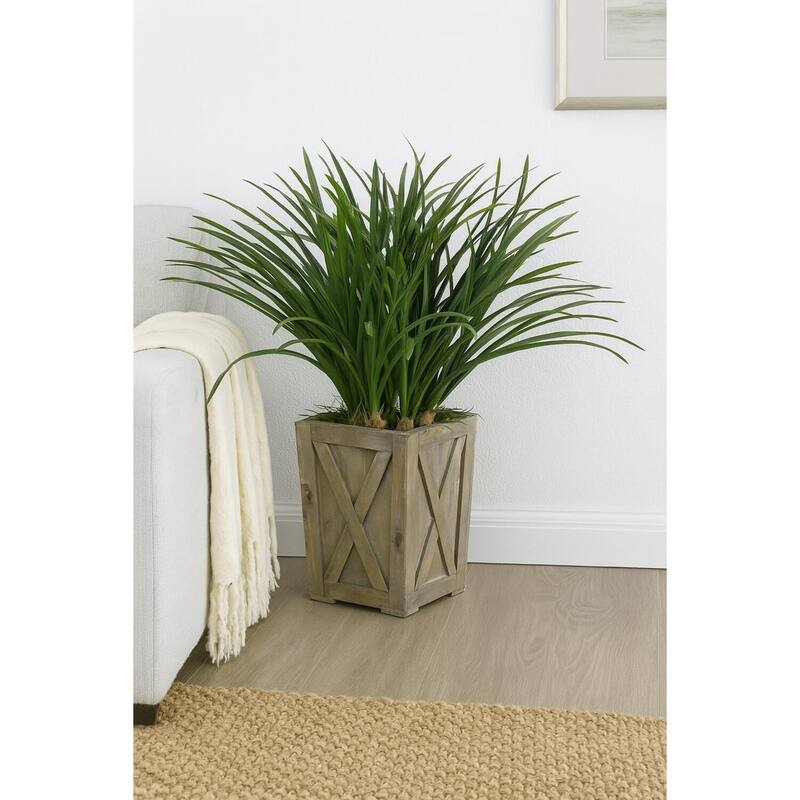 HomeStock Green Areca Grass in Weathered Wooden Planter Box - Decorative Faux Grass for Rustic Flair - 33