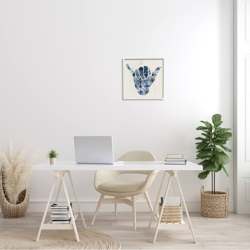 Stupell Abstract Shaka Sign Hand Gesture Blue Geometric Pattern Framed Wall Art