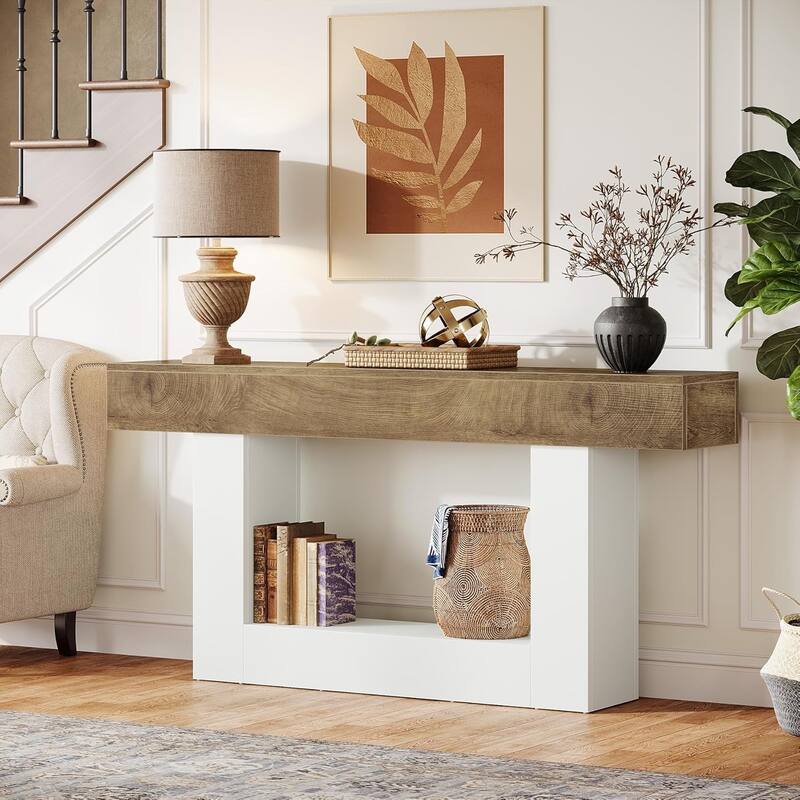 63 Inches Brown/ Dark Gray Wooden Console Table, Farmhouse Long Entryway Table with Storage for Living Room