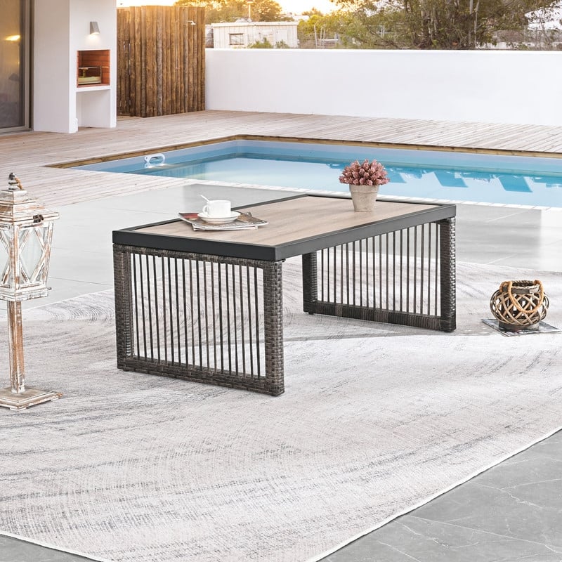 Patio Festival Wicker Metal Side End Coffee Table - 42.5" W x 24.8" D x 17.7" H