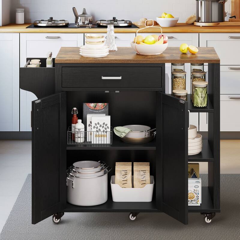 Rolling Kitchen Island Cart On Wheels With Drawer Open Shelves & Spice Rack With Storage For Dining Room
