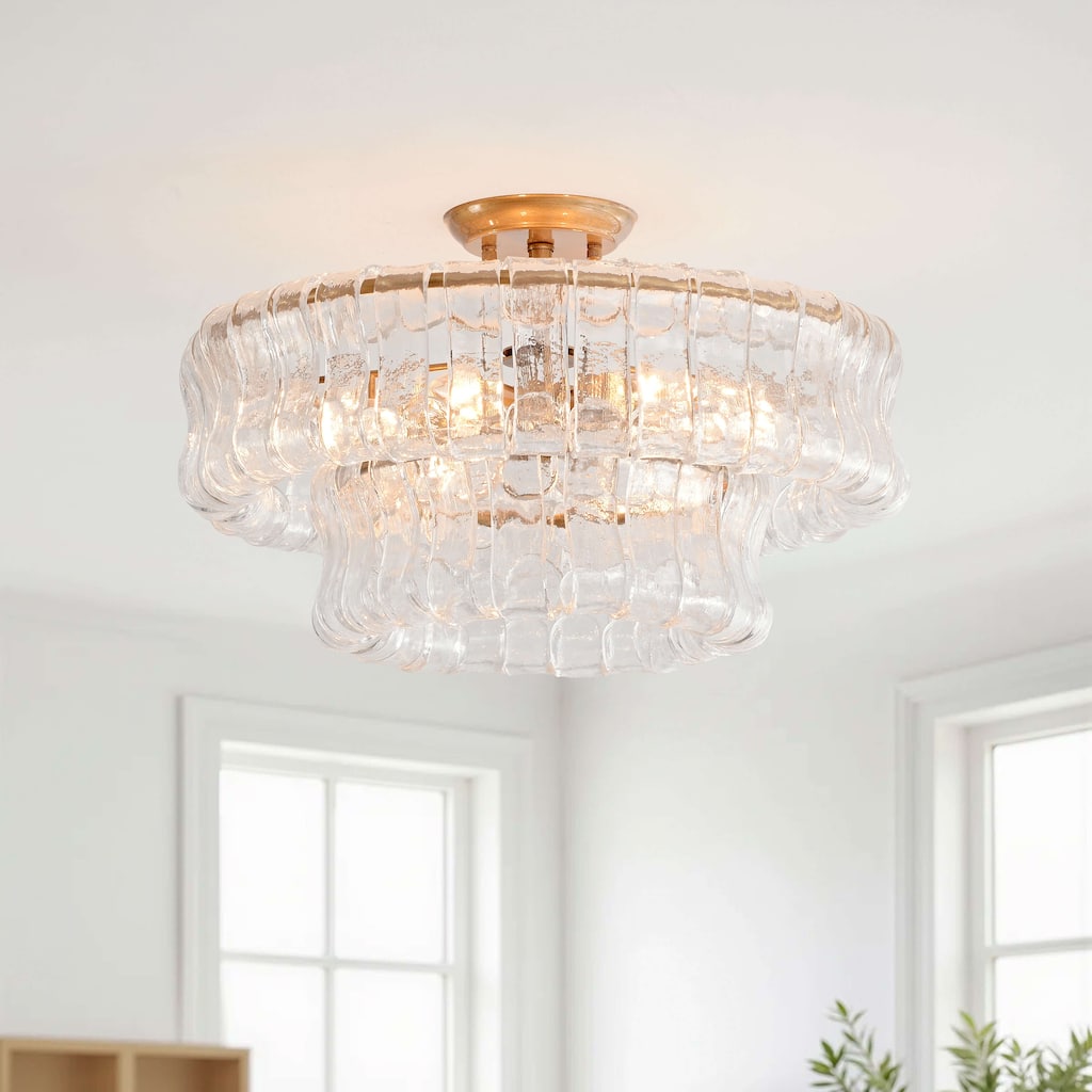 Jamie 5-Light 18" 2-Tier Clear Glass Round Flush Mount - Brushed Brass