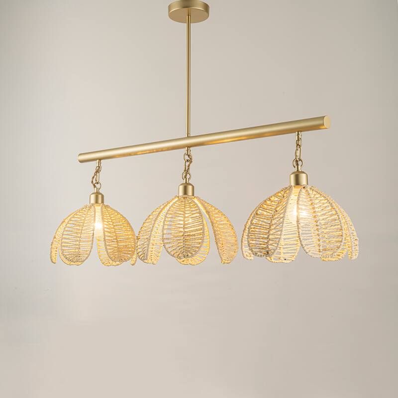 Cali 3-Light Wicker Flower Linear Pendant, Coastal Boho - Handwoven - 36" Wide