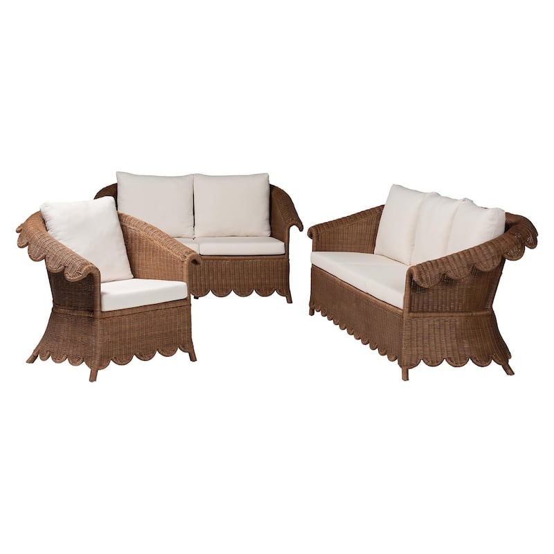 Detta Natural Rattan 3-Piece Living Room Set - Handwoven Wicker Lounge Seating with Scalloped Skirt Base and Rolled Arms - Peanut Brown