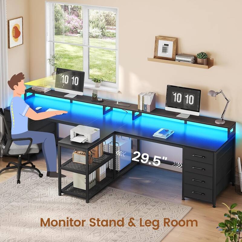 94.5" Two Person Desk with 8 Fabric Drawers Gaming Desk LED Lights