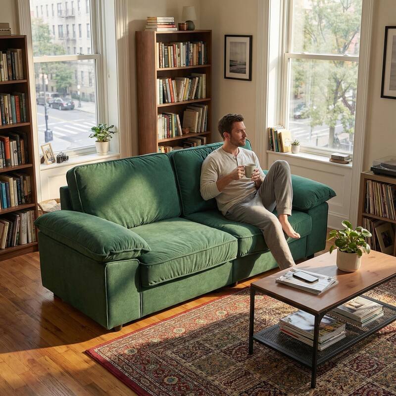Roomfitters Modern Overstuffed Upholstered Sofa with Hidden Storage and Padded Arms, Comfy Loveseat for Small Space