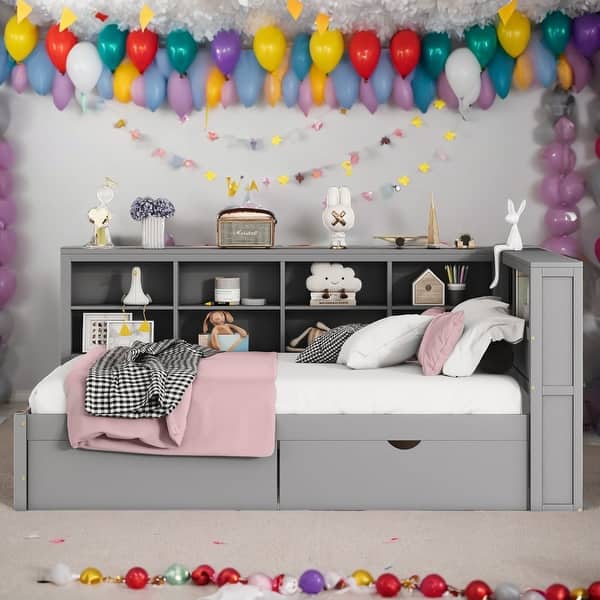 slide 2 of 18, Wooden Full Size DayBed with 2 Drawers Kids Bed with Storage Shelf and USB Charging Ports, Grey Grey