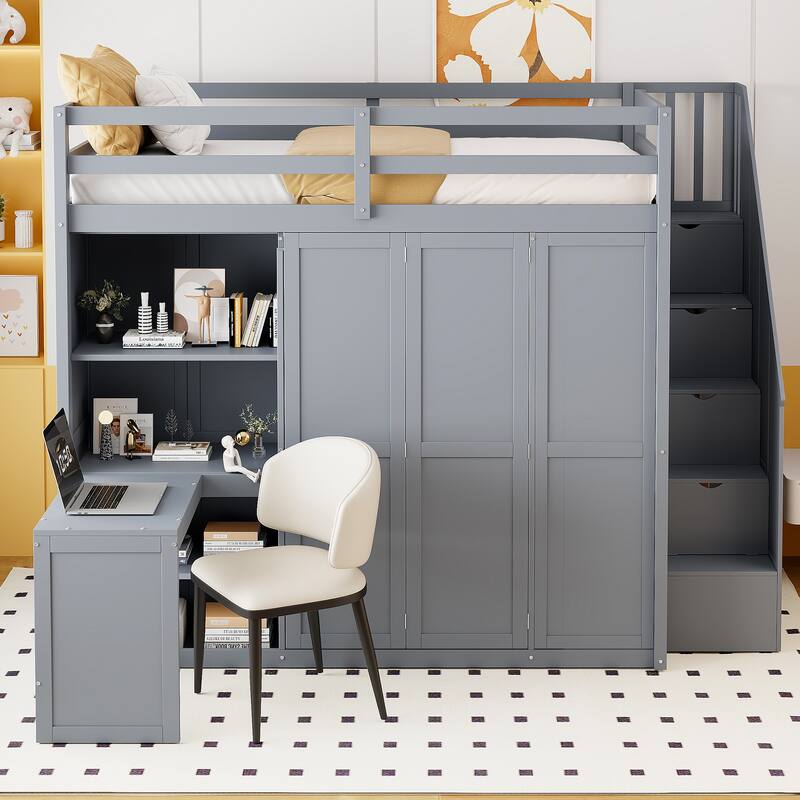 Full Size Loft Bed with Built-in Wardrobe, Desk and Shelves in Modern Gray