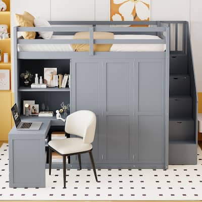 Wood Full Loft Bed, Kids Loft Bed Frame with Built In Desk, Storage Lofbed Frame, Storage Staircase and Transformative Wardrobe