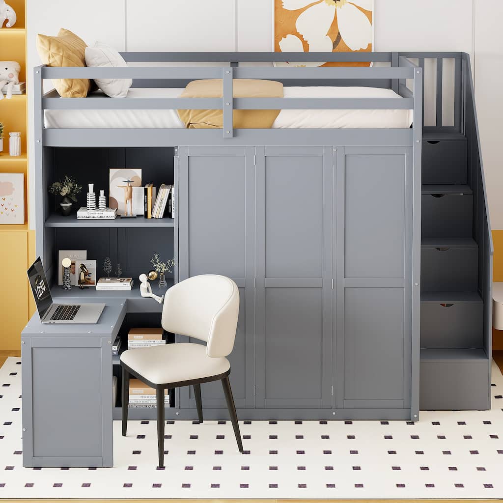 Wood Full Loft Bed, Kids Loft Bed Frame with Built In Desk, Storage Lofbed Frame, Storage Staircase and Transformative Wardrobe