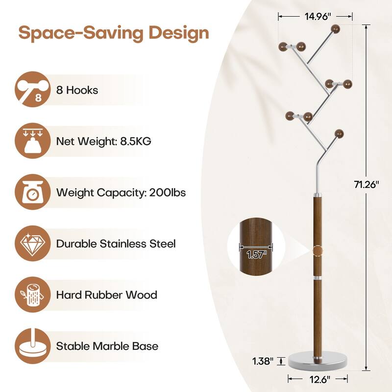 Coat Rack Freestanding, Metal Coat Tree with 8 or 9 Hooks and Heavy Duty Marble Base - 71.26”H x 14.96”W