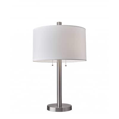 Silver Metal Base Bedside Table Lamp with White Drum Shade Dual Pull Chain - 17” x 17” x 28” (D x W x H)