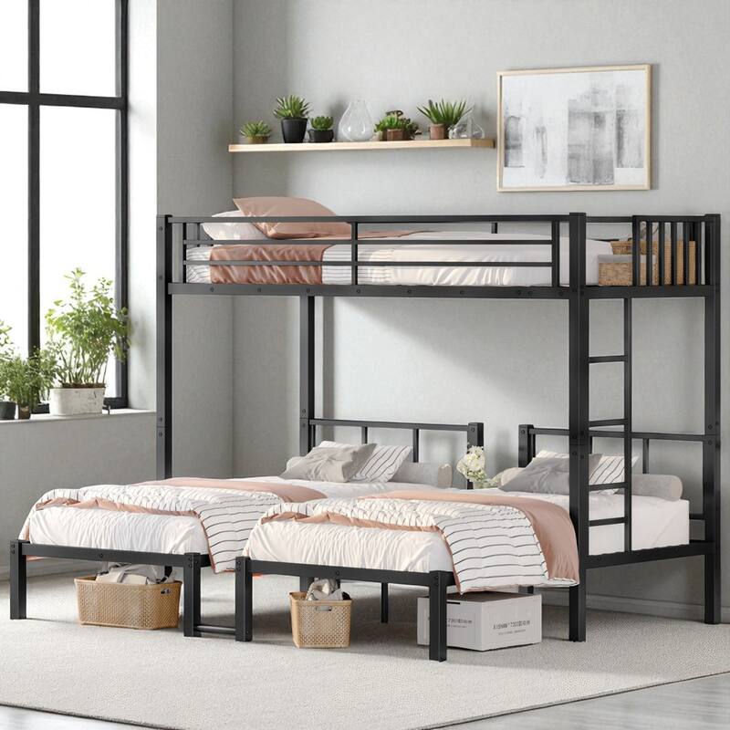Metal Triple Bunk Bed for 3, Twin XL Over Twin & Twin, Convertible to 3 Twin Beds with Guardrails and Ladder