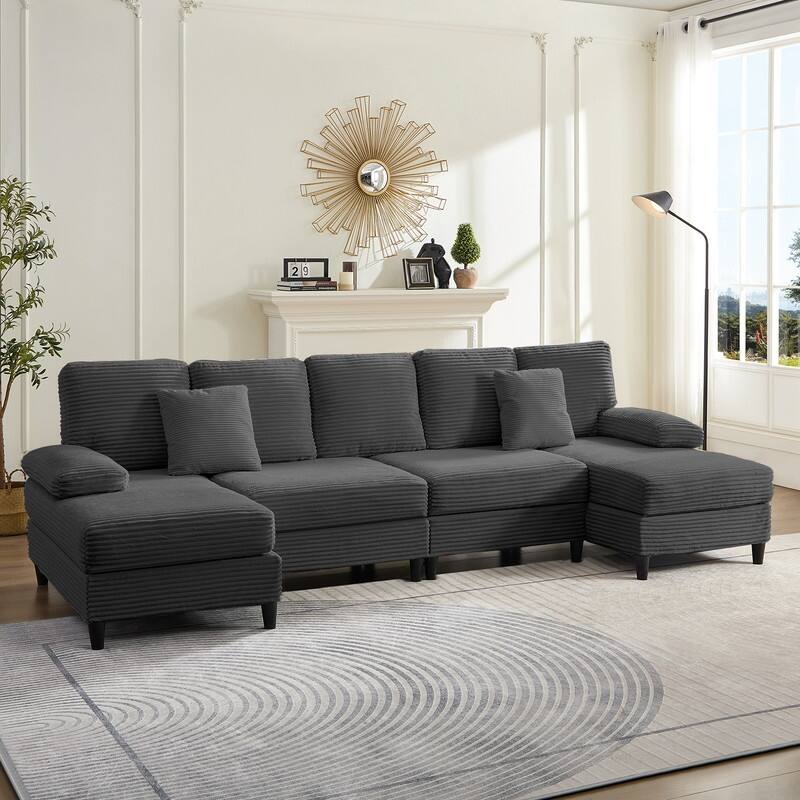Mixoy W112inch Upholstered 5-Seater Sectional Sofa Couch,Corduroy Large U-Shaped Sofa with Double Chaises and Sleepable Armrests
