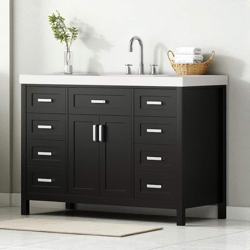 48" Freestanding Bathroom Vanity with Sink, 2 Doors, 8 Soft-Close Drawers, Resin Top and Storage Cabinet - Black