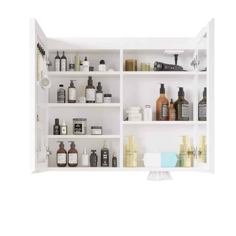 White MDF LED Bathroom Wall Cabinet with Mirror, 7 Shelves and USB - 31.5” x 6.1” x 27.6” - White
