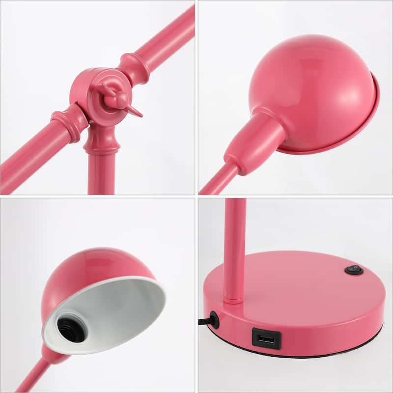 Allegra 20.25" Vintage Industrial Iron Adjustable Dome Shade LED Task Lamp with USB Charging Port, by JONATHAN Y