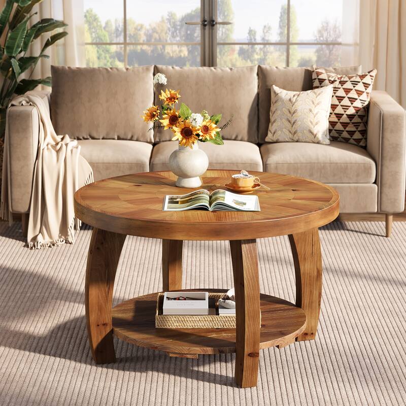 31.5 Inch Round Solid Wood Coffee Table with Storage Shelf for Living Room - 31.5"D x 31.5"W x 19.7"H