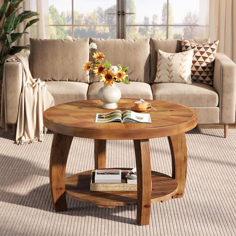 31.5 Inch Solid Wood Round Coffee Table with Storage